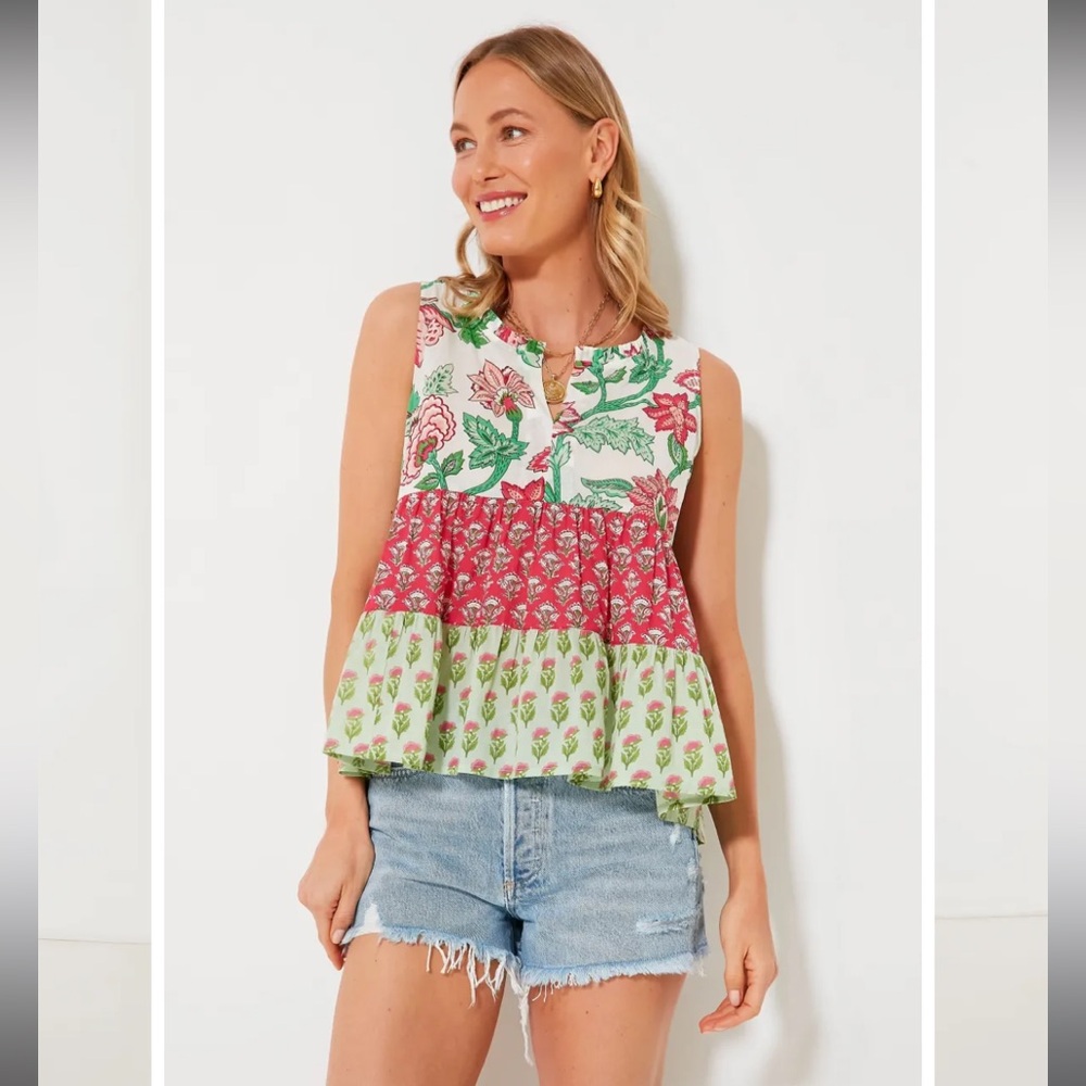 Tuckernuck Floral Tiered Sleeveless Top in Green, Pink, and White